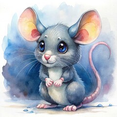 A curious little mouse with big round ears, a tiny pink nose, and a long, thin tail. The mouse’s fur is soft gray with a white belly, and its eyes are large and shiny