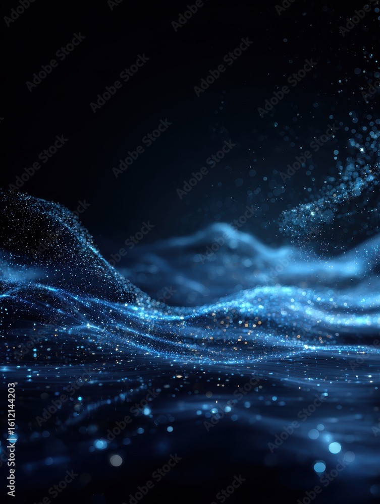 Poster dark backdrop, abstract scene with blue waves and shimmering particles create mesmerizing visual exp