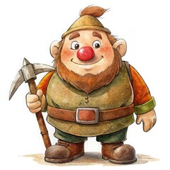 A cute, chubby dwarf with bushy eyebrows and a round red nose, wearing a brown tunic and sturdy boots. He carries a tiny pickaxe over his shoulder and has a small pouch full of glittering gemstones