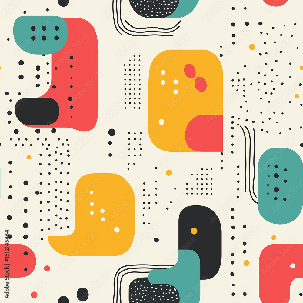 Poster colorful abstract pattern with shapes and lines in various hues on a light background.
