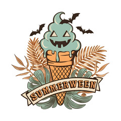 A stylized illustration of a melting ice cream cone with
a teal-colored ice cream scoop dripping down the golden-brown cone. The ice cream has a spooky Halloween face with triangular eyes, pointed fan