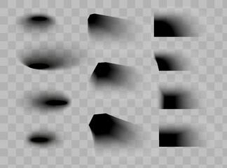 Square and rectangle box shadow effects. Realistic overlay and transparent shadows vector set, shades falling from objects on floor with soft black edges and dark corners, transparent background