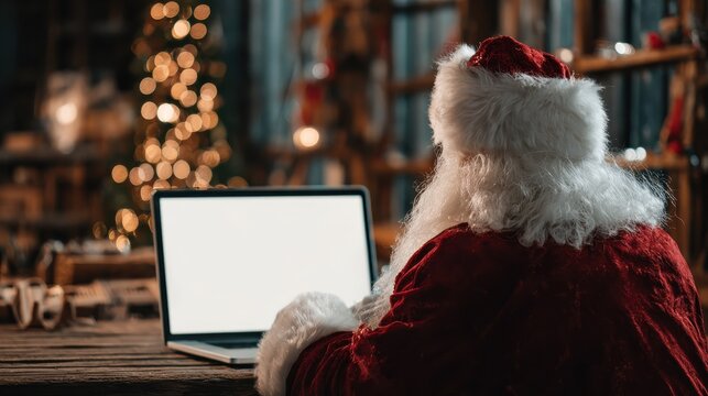 Over shoulder view of Santa Claus wearing costume using laptop computer with white blank empty mock up screen monitor sitting at workshop table on Merry Christmas eve. E commerce website ads concept, - Powered by Adobe