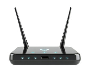 Fototapeta premium Photo of a modern black wireless router with two antennas and glowing blue indicator lights sits on a plain white surface, signifying connectivity isolated on transparent background