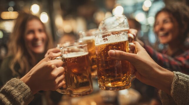 people, leisure, friendship and celebration concept - happy friends drinking draft beer and clinking glasses at bar or pub, no logos, no brands