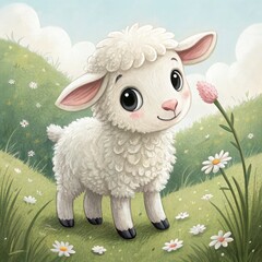 A fluffy little lamb with snow-white wool, round pink nose, and tiny black hooves, standing with a gentle expression. The lamb's ears are soft and slightly droopy, and its wool looks like soft cotton