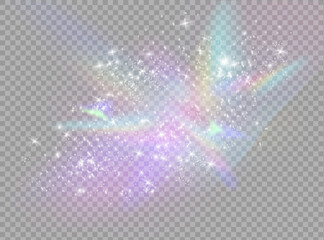 Rainbow refraction overlay effect. Light lens prism effect on transparent background. Glowing light bursts with sparkles and glitter. Crystal flare leak shadow overlay. Holographic reflection. Vector