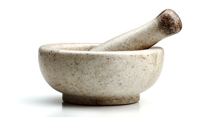 A speckled mortar and pestle set on a white background ready for grinding herbs and spices