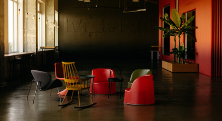 Moody interior with dim lighting and seating