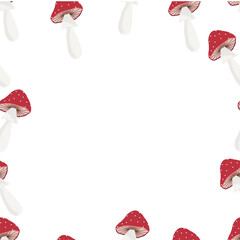 Frame with fly agaric mushrooms. Square frame design with fly agarics. Design with mushrooms. Empty space for inscription.