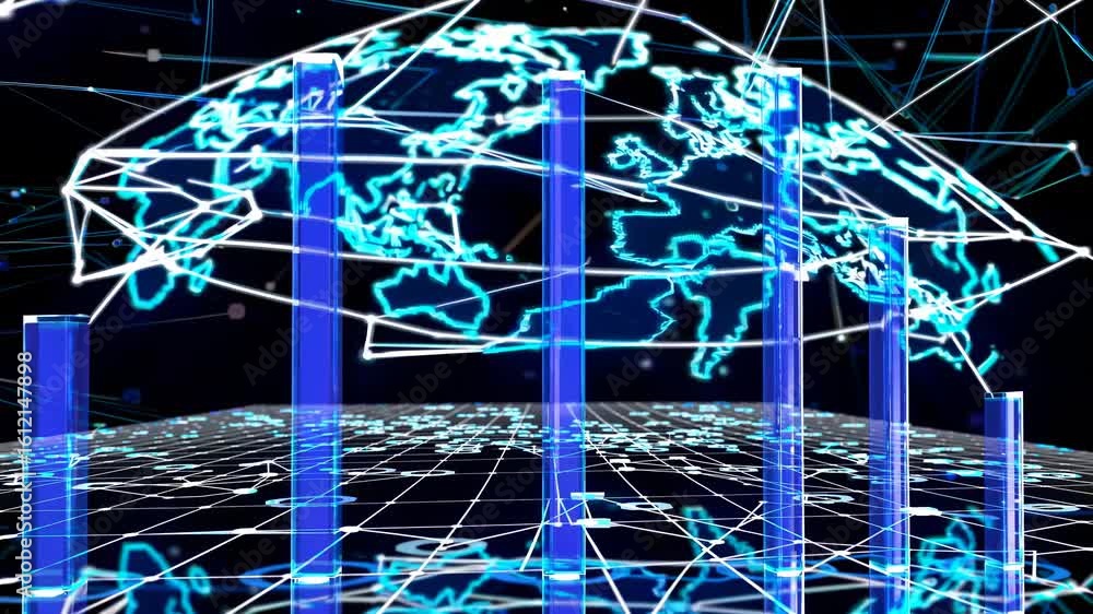 Poster futuristic video concept with a low-angle view of a digital globe and data bars, featuring neon blue