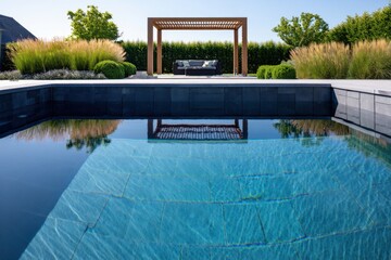 Modern backyard oasis with infinity pool and wooden pergola