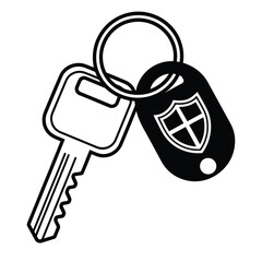 Car key with security fob and keyring isolated on white background