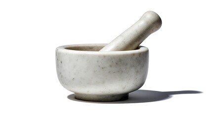 A white marble mortar and pestle set on a white background casting a shadow to the right side