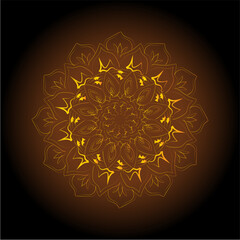 Glowing Golden Flower Mandala with Ornamental Petals on Black