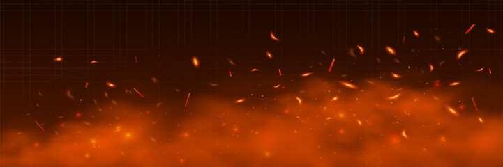 Hot flame with flying sparks, ash, embers on a black background. Vector illustration for your creative design. Eps 10