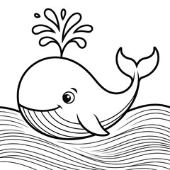 Cute cartoon whale spouting water in the ocean waves