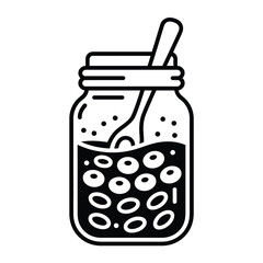 Hand drawn illustration of a jar filled with blueberries and a spoon