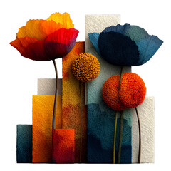 Sculptural floral fantasy illustration showing oversized textured blooms interwoven with colorful architectural blocks forming a surreal abstract urban garden on a transparent background
