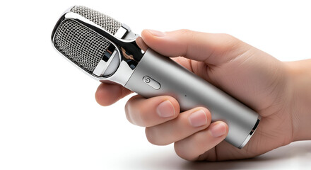 A Hand Holding a Silver Microphone