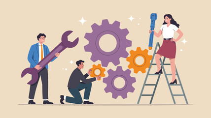 Teamwork makes the dream work with people fixing gears together, bringing business solutions