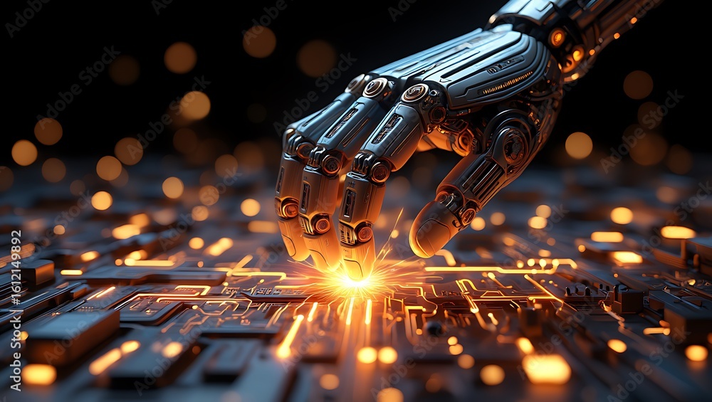 Poster robotic hand activating advanced technology with glowing circuits