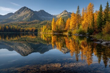 Obraz premium Golden autumn trees surround Strbske lake in Slovakian High Tatras National Park. Peaceful mountain retreat with vibrant fall foliage and clear alpine ...