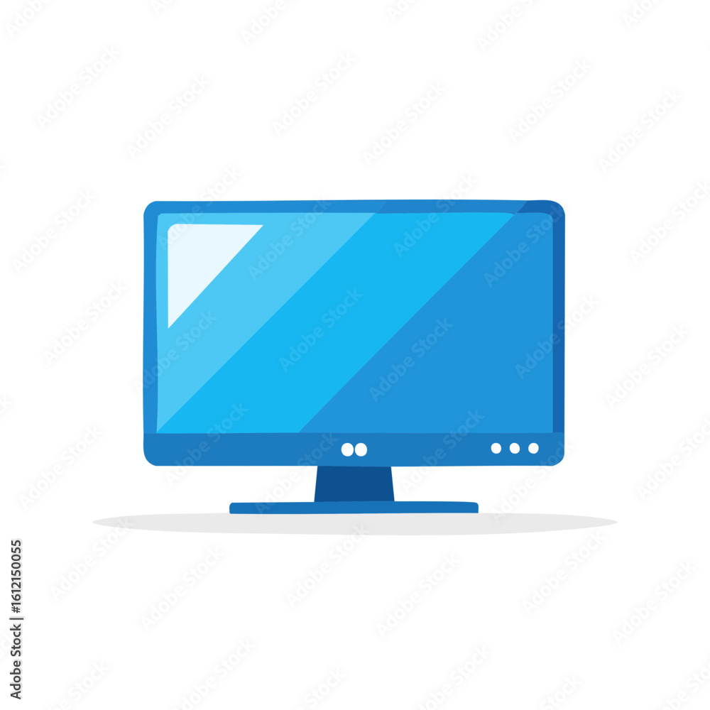 Poster blue desktop computer monitor with flat design aesthetic on black background for technology and busi