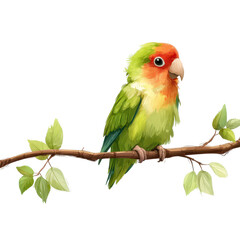 Obraz premium Vibrant green and orange parrot perched on a branch surrounded by lush leaves