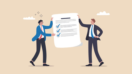 Businessmen reviewing contract checklist for compliance and corporate agreement success