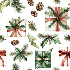 Naklejka premium Elegant Christmas Gift Wrapping Pattern Featuring Holly, Pine Cones, and Festive Ribbons