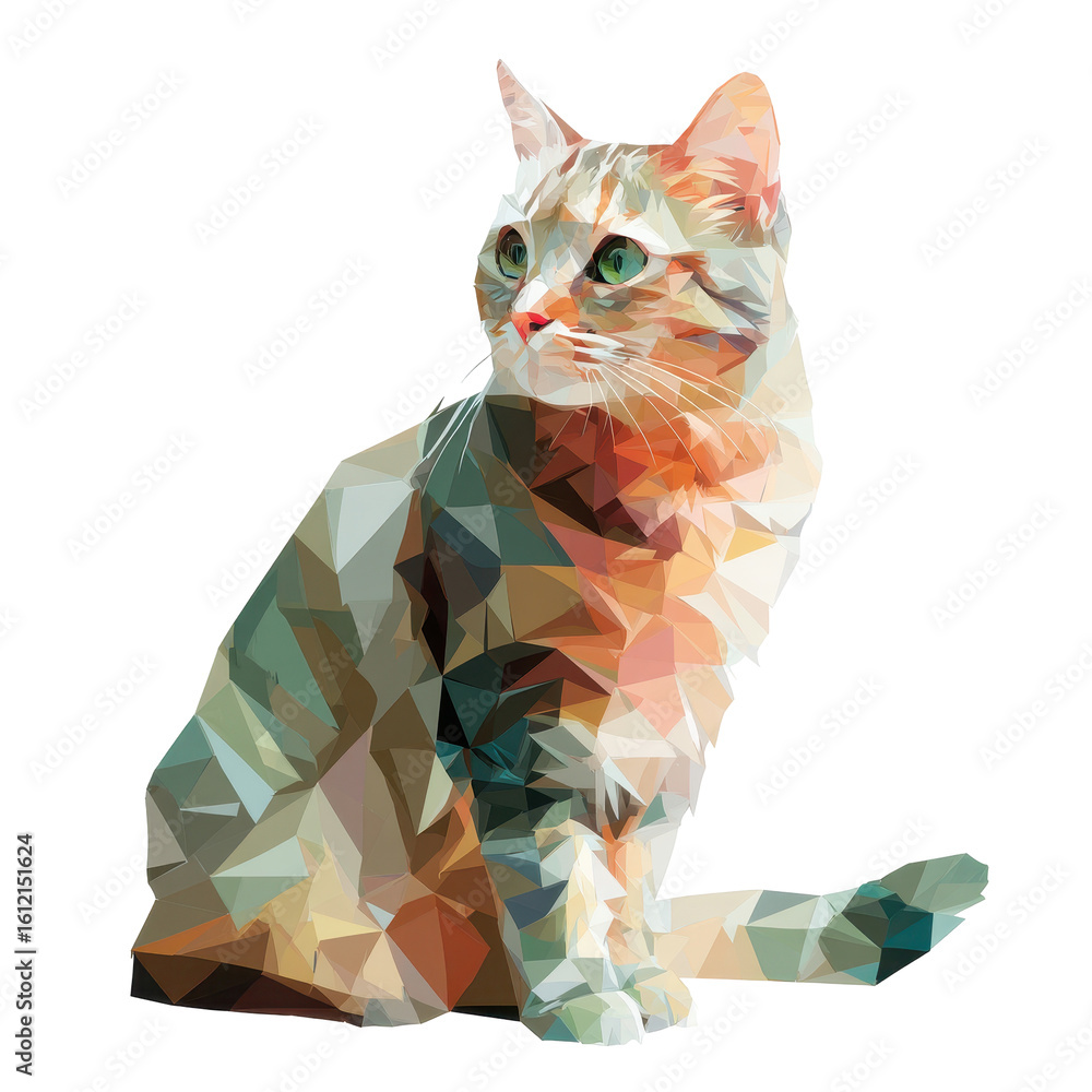Poster cat in geometric style with colorful triangles representing vibrant fur and curious expression