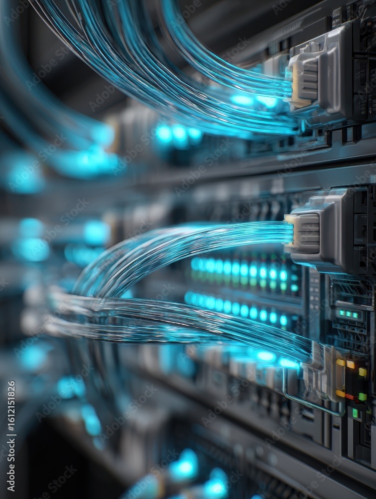 Poster a closeup of data center server of glowing data cables transferring information.