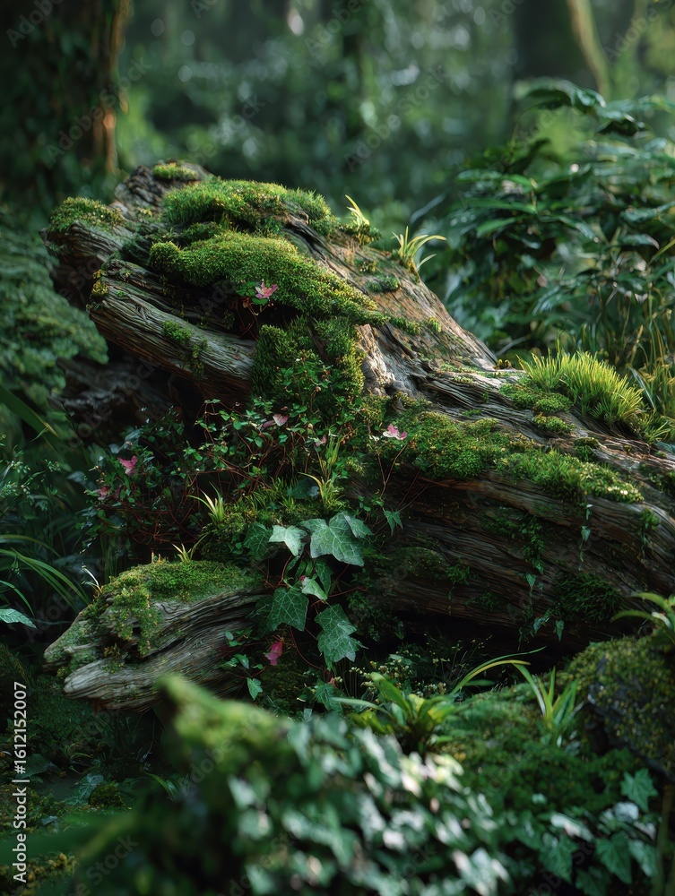Poster this close-up view showcases a weathered log covered in vibrant green moss within a dense forest set