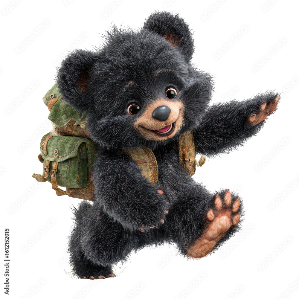 Aufkleber cute bear character with a backpack joyfully exploring the forest on a sunny day in a playful advent
