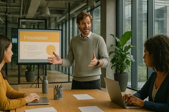 Engaged male presenter leading a casual business workshop in a collaborative, daylight-filled office.
- Powered by Adobe