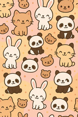 Obraz premium Cute Seamless Pattern with Cartoon Animals – Panda, Cat, Rabbit and Bear
