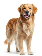 golden retriever dog standing at the camera in front isolated of white background
