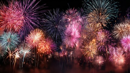 Colorful fireworks. Festive christmas pyrotechnics firecrackers. Xmas winter party festival salutes background, no logos, no brands