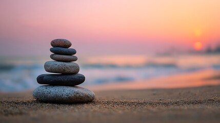 Stone cairn on a beach with a sunset in the background creating a sense of peace and tranquility