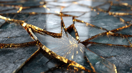 Cracked glass shards with sharp reflective edges