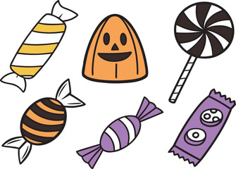 Halloween candy icon set with colorful sweets and festive treats. Spooky Halloween candy collection featuring assorted holiday icons. Detailed Halloween candy design set with vibrant seasonal treats