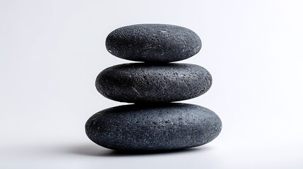 A zen stack of three smooth black stones balanced on top of each other on a white background