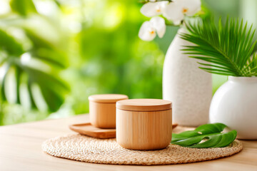 Wooden bamboo lidded containers on cotton placemat