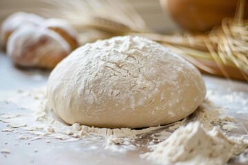 Fresh, unbaked dough rests on a floured surface, ready for shaping and baking, with wheat stalks in the background