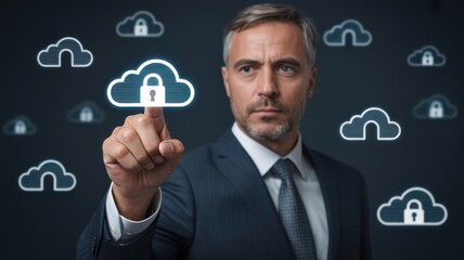 Businessman interacting with a secure cloud computing interface, symbolizing data protection and cybersecurity.