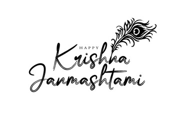 Happy krishna janmashtami greetings with peacock feather vector illustration.