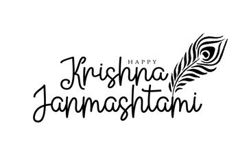Happy krishna janmashtami greetings with peacock feather vector illustration.