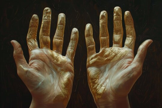 Golden painted lines highlighting the palm reading lines on two open hands against a dark background