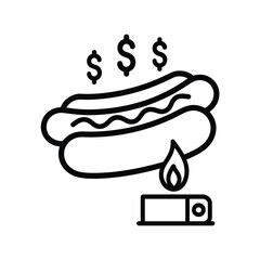 Hot dogs cooking on a grill with dollar signs indicating cost